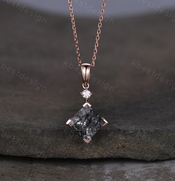 3CT Princess Cut Natural Black Rutilated Quartz Necklace 14K Rose