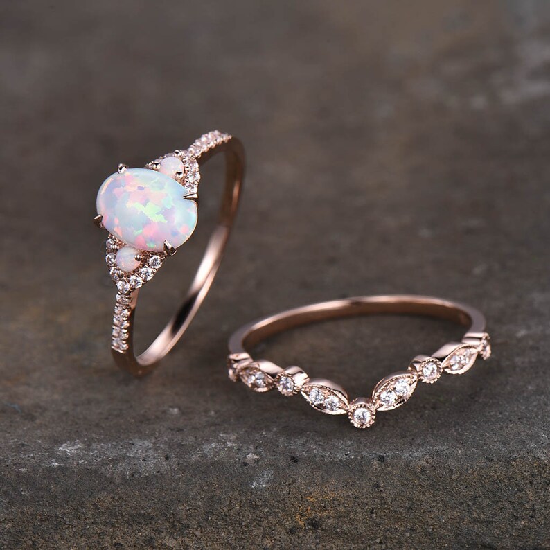 White Opal Engagement Ring Set Rose Gold Rings for Women Art Etsy