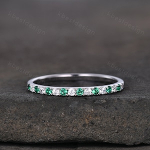 Half Eternity Emerald Wedding Band 1.5mm Emerald Moissanite Wedding Band May Birthstone Ring Pave Stacking Band Anniversary Gift for Her