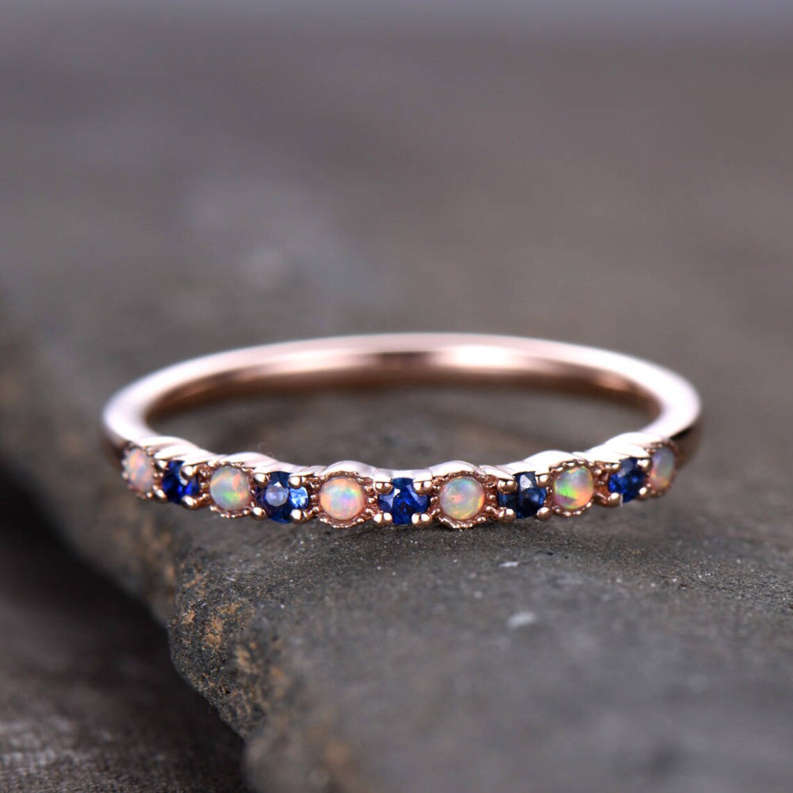 Opal Wedding Ring Opal Sapphire Wedding Band Half Eternity Etsy