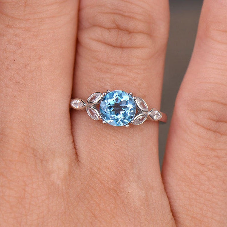 Unique Blue Topaz Engagement Ring Art Deco Vintage Floral Ring | Etsy