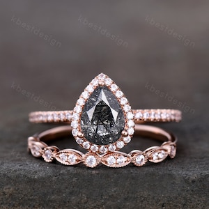 Black rutilated quartz engagement ring set rose gold black stone ring vintage art deco moissanite wedding ring set anniversary promise ring