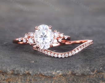 14K Rose Gold Rings/ 1.5CT Oval Simulated Diamond Wedding Ring/ Diamond Bridal Set Ring/ Anniversary Gift/ CZ Engagement Ring