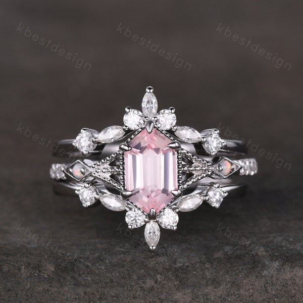 Antique Pink Sapphire Engagement Ring Set Hexagon cut Engagement Ring Unique Art Deco Moissanite Stacking Matching Band Bridal Promise Set