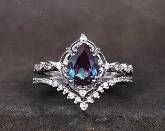 Vintage Alexandrite engagement ring set silver pear shaped alexandrite ring art deco moissanite stacking ring unique bridal promise ring set