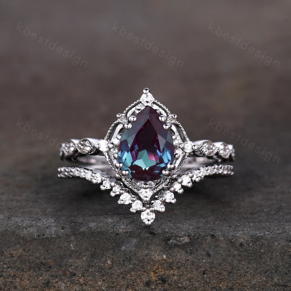 Vintage Alexandrite engagement ring set silver pear shaped alexandrite ring art deco moissanite stacking ring unique bridal promise ring set