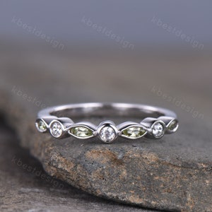 Half Eternity Peridot Wedding Band, White Gold Ring, Marquise cut Peridot Wedding Ring, Moissanite Wedding Band, Anniversary Gift for her