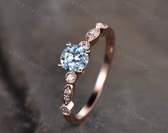 Aquamarine Dainty Ring, Rose Gold Engagement Ring, March Birthstone Ring, Art Deco Moissanite Ring, Unique Women Bridal Promise Ring