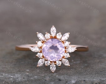 Natural Lavender Amethyst Ring Vintage Unique Diamond Halo Bridal Ring Amethyst Solitaire Engagement Ring February Birthstone Promise Ring