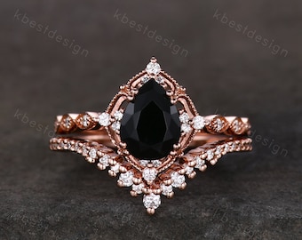 Vintage black onyx engagement ring rose gold ring art deco curved stacking band pear shaped bridal set unique moissanite wedding set