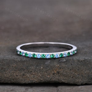 Half Eternity Emerald Blue Topaz Wedding Ring, 925 Sterling Silver Ring, Emerald Pave Wedding Band, Minimalist Ring, Anniversary Gift