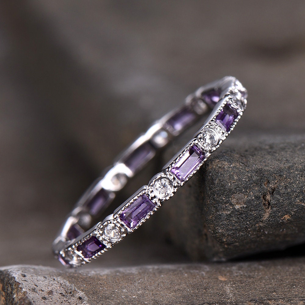 Amethyst Three Stone Stackable 925 Sterling Silver Women Wedding Gift Band Ring