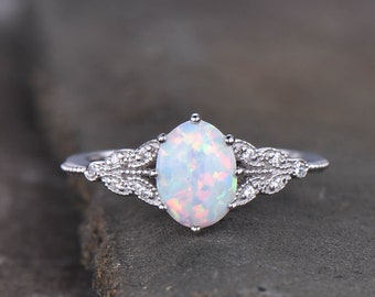 Oval Opal Ring, Vintage Opal Engagement Ring, White Opal Silver Jewelry, Gold Opal Ring, Women's Opal Ring, October Birthstone