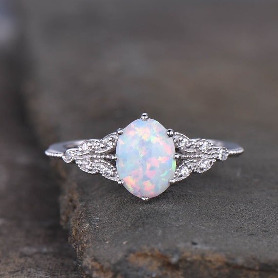 Amazon.com: 14k Gold Plated Over 925 Sterling Silver White Opal Ring -  Vintage Style October Libra Birthstone White Gemstone Sizable Ring -  Classic Handmade Jewelry Gift For Her - Adjustable Dainty Promise