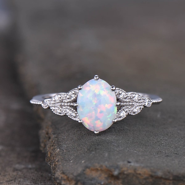 Oval Opal Ring, Vintage Opal Engagement Ring, White Opal Silver Jewelry, Gold Opal Ring, Women's Opal Ring, October Birthstone