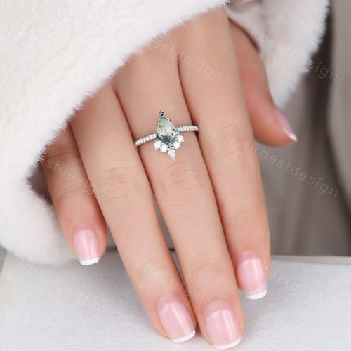 Vintage kite cut green moss shops agate engagement ring, unique pear moissanite ring for women, bridal promise ring white gold/Platinum ring