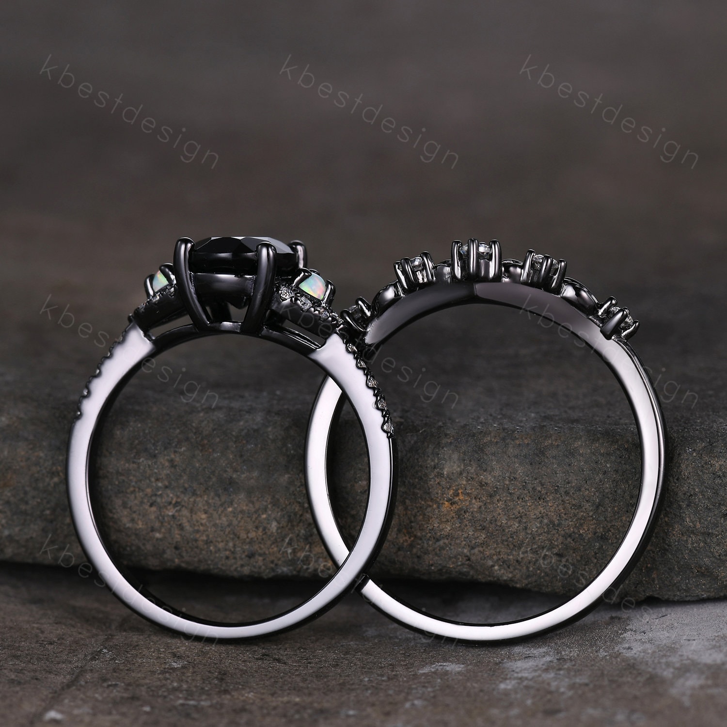 Vintage Black Onyx Engagement Ring Set Black Gold Oval Cut Vintage Black Onyx Engagement Ring Set Black Gold Oval Cut