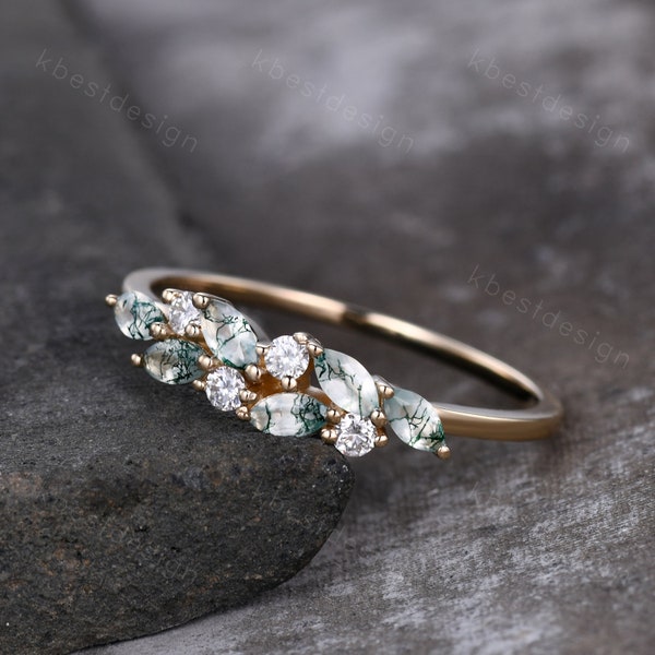 Moss agate cluster wedding band Unique marquise cut moss agate wedding band Vintage Moissanite ring Solid gold ring Anniversary gift