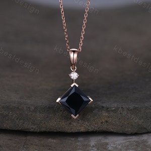 3CT Princess Cut Natural Black Onyx Necklace 14K Rose Gold Unique Black Gemstone Pendant for Women Vintage Personalized Anniversary Necklace