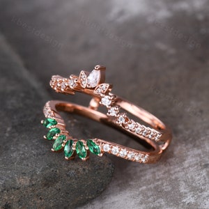 Double curved Moissanite/Emerald wedding band vintage Rose gold marquise emerald cluster band Half eternity stacking band Promise gift image 6