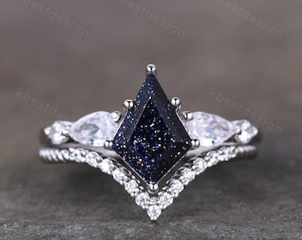 Vintage Kite Cut Blue Sandstone Engagement Ring Set Sterling Silver Ring Unique Pear Shaped Diamond Wedding Bridal Ring Promise Anniversary