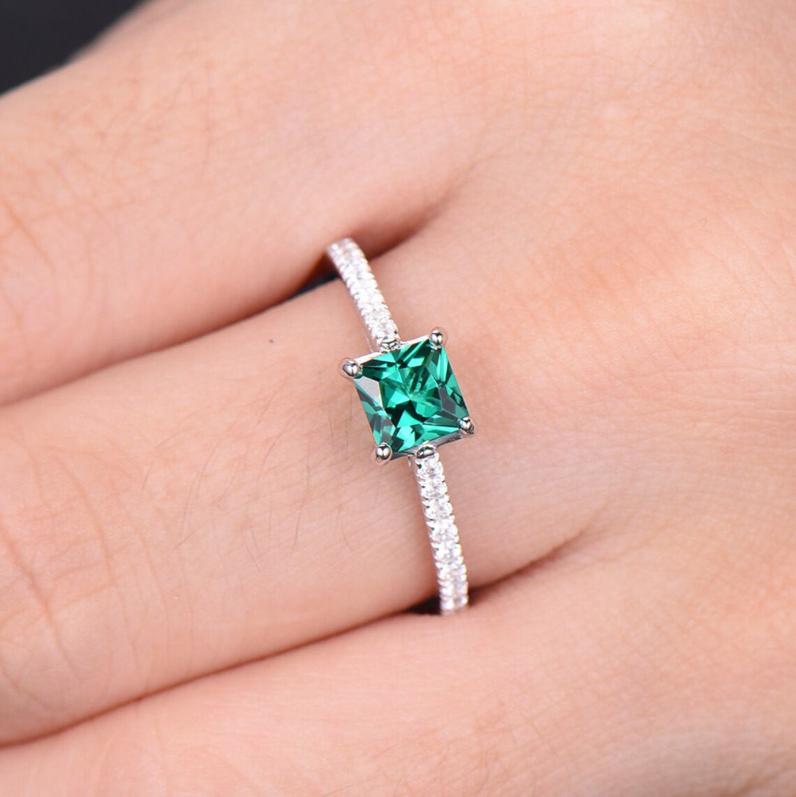 Emerald Engagement Ring 5.5mm Princess Cut Green Gemstone | Etsy