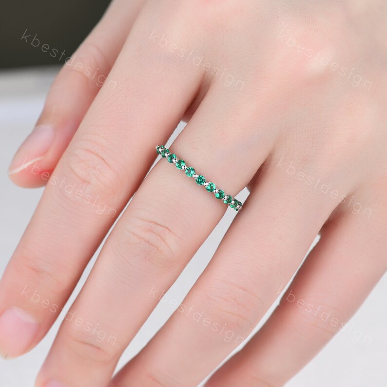 Emerald Wedding Band, 2MM Round Cut Half Eternity Band, Minimalist Emerald Band, Bubble Prong Set, Anniversary Gift, Silver Emerald Ring image 6