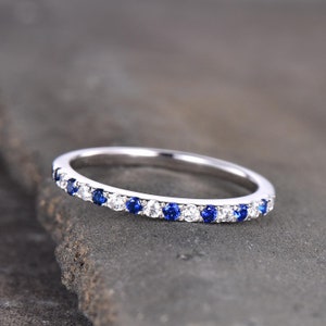 Sapphire Ring, Sterling Silver Rings, Blue Sapphire and CZ Wedding Band, Stacking Band, Pave Band, Half Eternity Stacking Rings