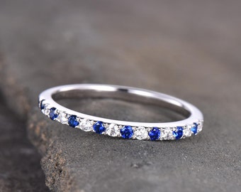Sapphire Ring, Sterling Silver Rings, Blue Sapphire and CZ Wedding Band, Stacking Band, Pave Band, Half Eternity Stacking Rings