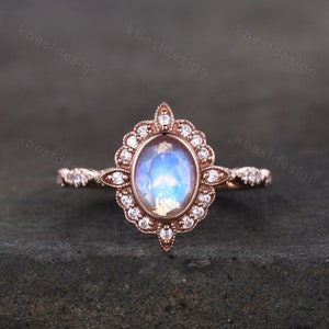 Oval cut Moonstone engagement ring rose gold ring for women vintage unique moissanite wedding ring rainbow moonstone ring Promise ring