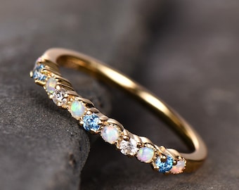 Opal Wedding Band/White Opal Ring/Blue Topaz Ring/Silver Ring Band/Yellow Gold Plated/Opal Jewelry