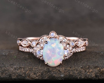 Vintage Opal Engagement Ring Set, Rose Gold Rings for Women, Opal Moonstone Wedding Ring Set, Art Deco Moissanite Band, Oval Cut Bridal Set