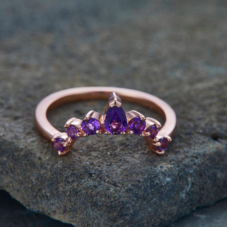 Amethyst Wedding Band Crown Wedding Band Curve Wedding Ring Etsy