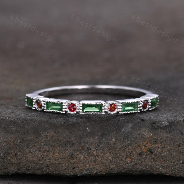 Emerald Wedding Band Half Eternity Band Emerald Garnet Band Art Deco Stacking Wedding Ring Anniversary Ring White Gold Ring Milgrain