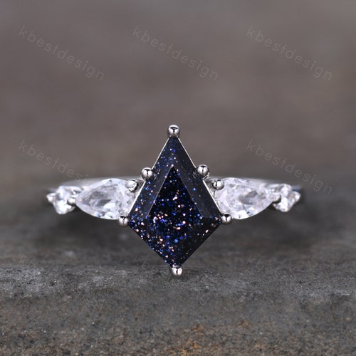 Kite cut shops blue sandstone engagement ring unique pear shaped diamond wedding ring for women sterling silver ring promise ring gift for her
