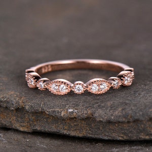 Sterling silver ring/Cubic Zirconia wedding band/CZ wedding ring/stack ring/Art Deco Matching band/Half eternity ring/Rose gold plated image 1