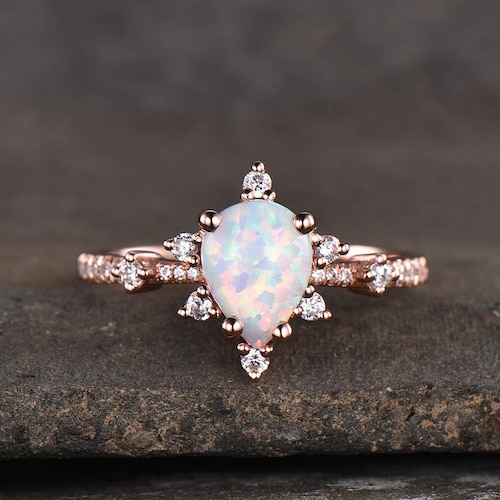 White Opal Engagement Ring Set Rose Gold Rings for Women Art - Etsy