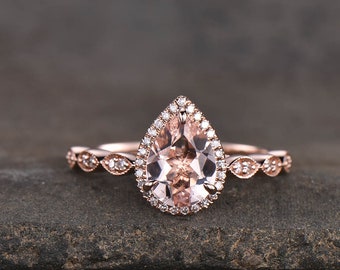 Vintage Teardrop Morganite Ring Rose Gold Morganite Engagement Ring Art Deco Wedding Ring Promise Ring Anniversary Gift for Her