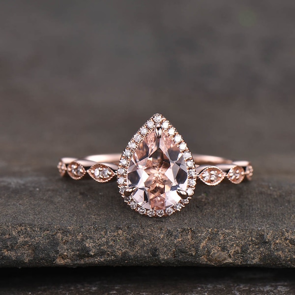 Vintage Teardrop Morganite Ring Rose Gold Morganite Engagement Ring Art Deco Wedding Ring Promise Ring Anniversary Gift for Her