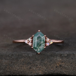 Vintage long hexagon cut Moss Agate ring Rose gold green agate engagement ring unique opal wedding ring art deco cluster bridal ring