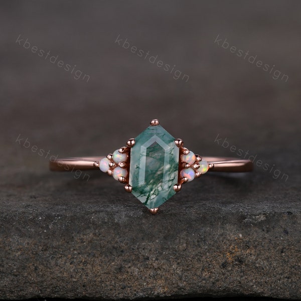 Vintage long hexagon cut Moss Agate ring Rose gold green agate engagement ring unique opal wedding ring art deco cluster bridal ring