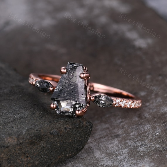 Vintage Coffin Cut Black Rutilated Quartz Engagement Ring Marquise