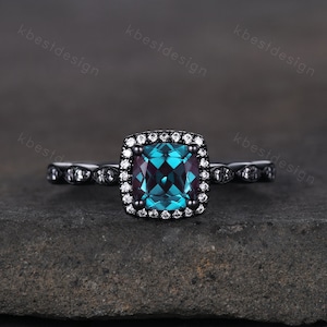 Unique cushion cut Alexandrite engagement ring art deco black gold ring color change Alexandrite ring moissanite anniversary ring for her