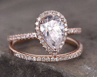 Pear Cut Engagement Ring 6x8mm CZ Wedding Ring Set Man Made Diamond Eternity Wedding Band Sterling Silver Bridal Set Rose Gold Plated 2PCS