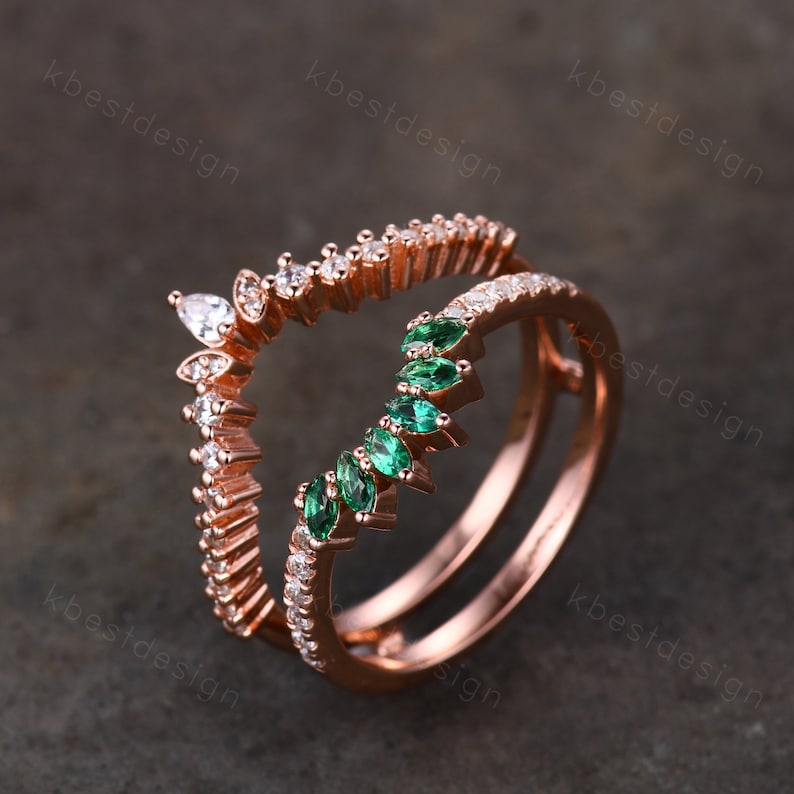 Double curved Moissanite/Emerald wedding band vintage Rose gold marquise emerald cluster band Half eternity stacking band Promise gift image 4
