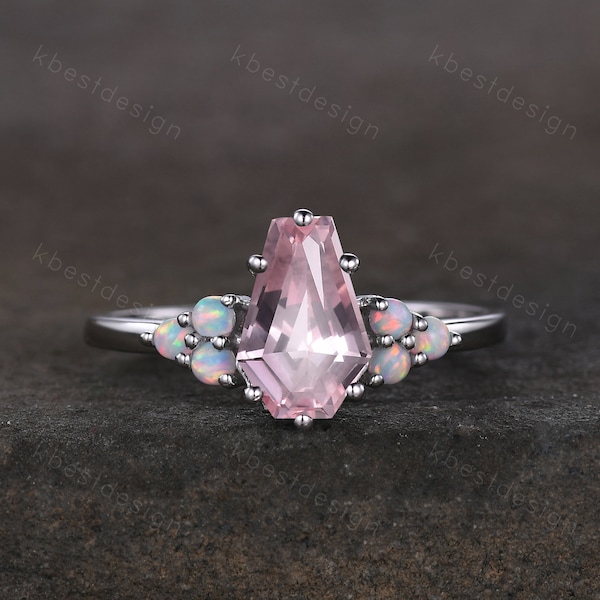 Coffin cut pink sapphire engagement ring silver ring for women Unique art deco opal cluster wedding ring bridal promise ring pink gemstone