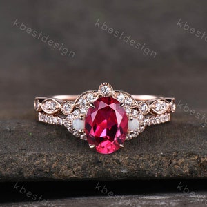Vintage Ruby Bridal Set/ Oval Ruby Engagement Ring Set/ 14K Rose Gold Rings/ Engagement Promise Ring/ July Birthstone/ Anniversary Gift