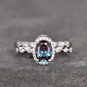 Anneau d’Anneau Alexandrite, Bague d’argent sterling, ensemble d’anneau de mariage alexandrite, bague de fiançailles, bague de promesse, pierre changeante de couleur, cadeau pour elle