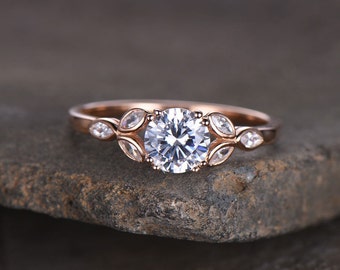 Sterling silver ring/Round cut Cubic Zirconia engagement ring/CZ wedding ring/Three flower marquise/promise ring/Xmas gift/Rose gold plated