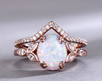 Opal Wedding Ring Set Opal Ring White Fire Opal Floral Engagment Ring Rose Gold Plated Unique Curve Wedding Band Silver Bridal Ring Set